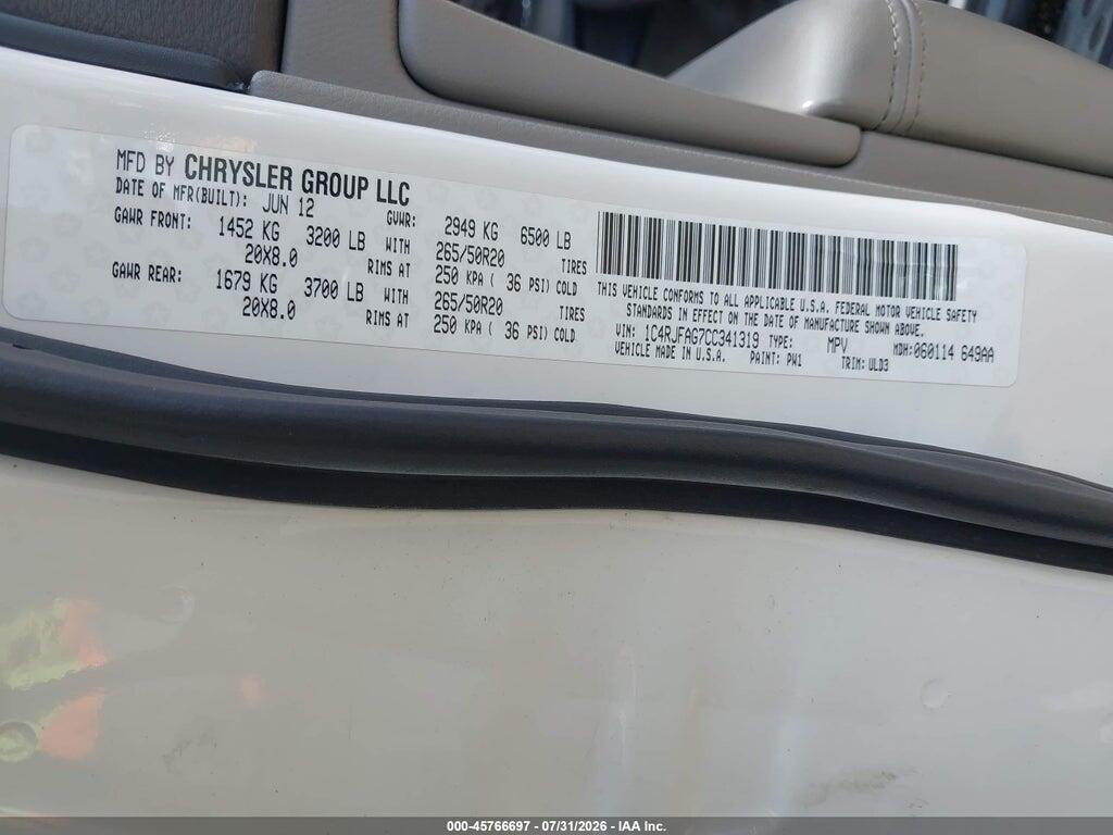 1C4RJFAG7CC341319 2012 JEEP GRAND CHEROKEE photo no. 9