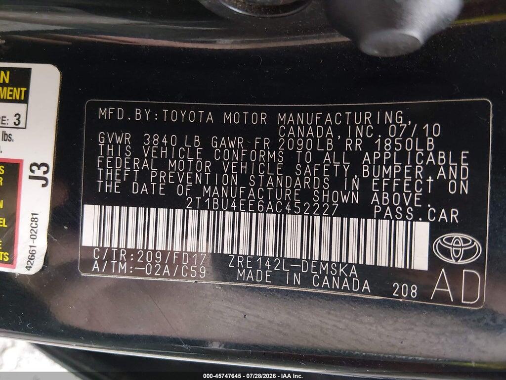 2T1BU4EE6AC452227 2010 TOYOTA COROLLA photo no. 9