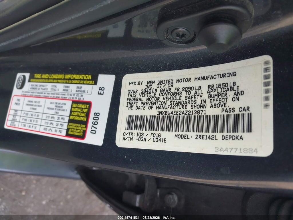 1NXBU4EE2AZ213871 2010 TOYOTA COROLLA photo no. 9