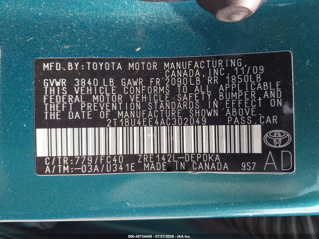 2T1BU4EE4AC302049 2010 TOYOTA COROLLA photo no. 9