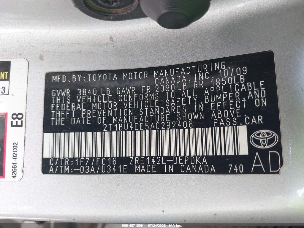 2T1BU4EE5AC292406 2010 TOYOTA COROLLA photo no. 9