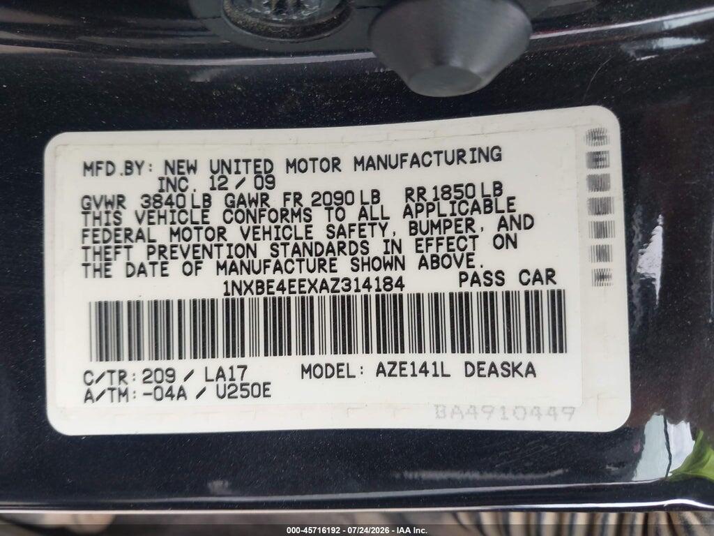 1NXBE4EEXAZ314184 2010 TOYOTA COROLLA photo no. 9
