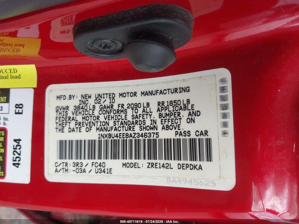 1NXBU4EE8AZ346375 2010 TOYOTA COROLLA photo no. 9