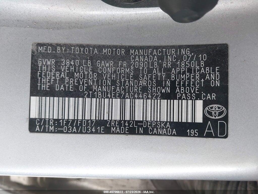 2T1BU4EE7AC446422 2010 TOYOTA COROLLA photo no. 9