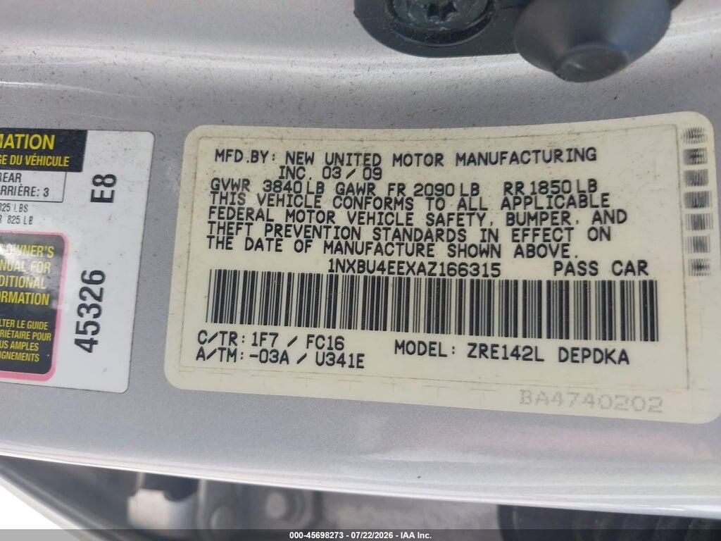 1NXBU4EEXAZ166315 2010 TOYOTA COROLLA photo no. 9