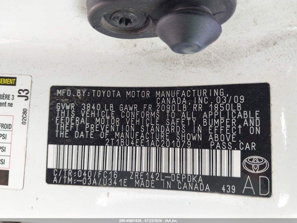 2T1BU4EE1AC201079 2010 TOYOTA COROLLA photo no. 9