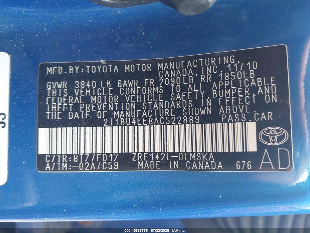 2T1BU4EE8AC522889 2010 TOYOTA COROLLA photo no. 9
