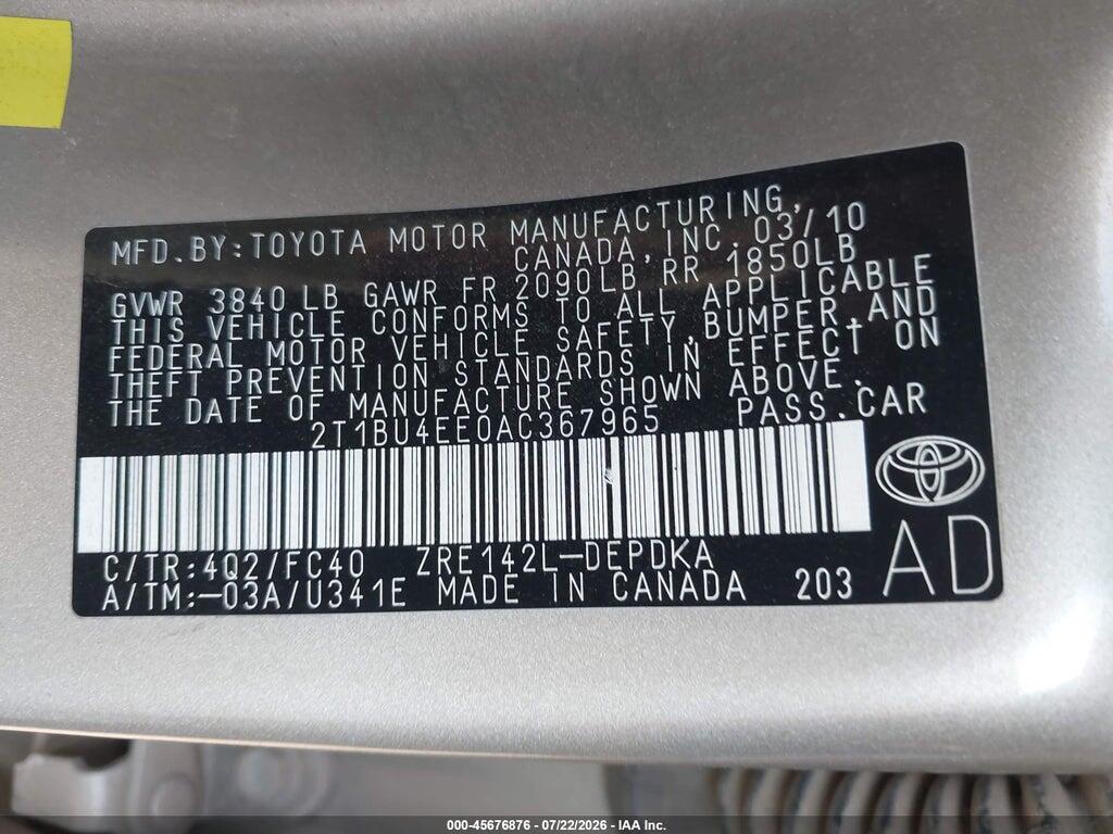 2T1BU4EE0AC367965 2010 TOYOTA COROLLA photo no. 9