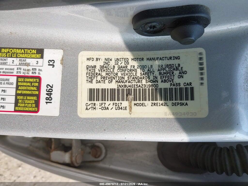 1NXBU4EE5AZ319800 2010 TOYOTA COROLLA photo no. 9
