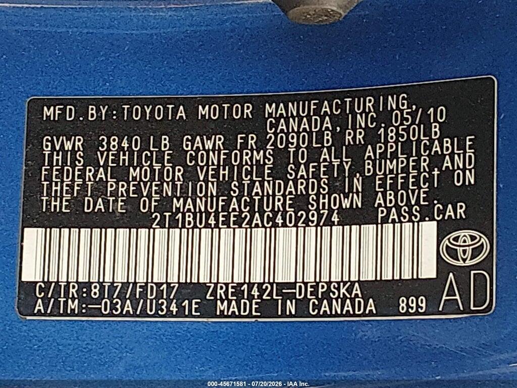 2T1BU4EE2AC402974 2010 TOYOTA COROLLA photo no. 9