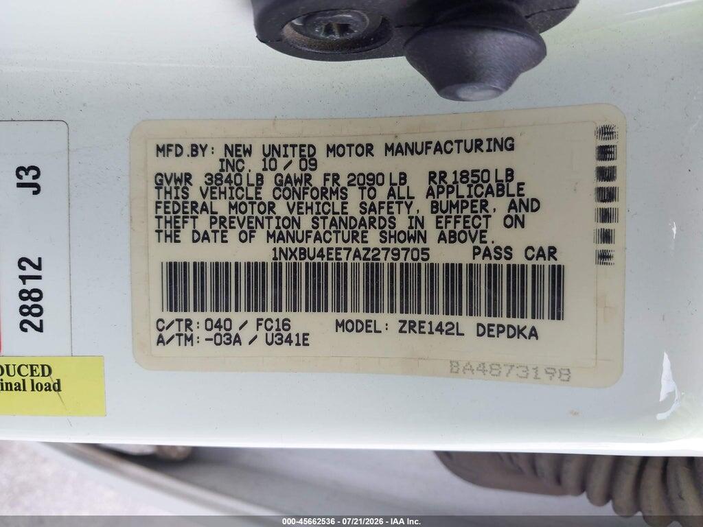 1NXBU4EE7AZ279705 2010 TOYOTA COROLLA photo no. 9