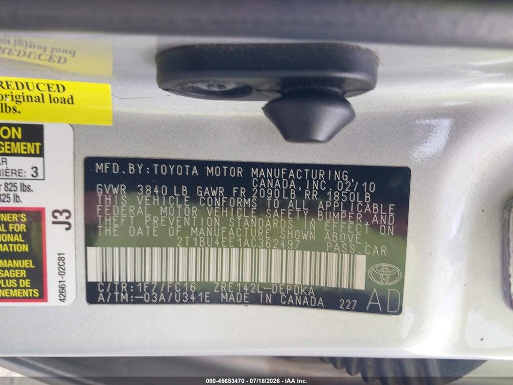 2T1BU4EE1AC362497 2010 TOYOTA COROLLA photo no. 9