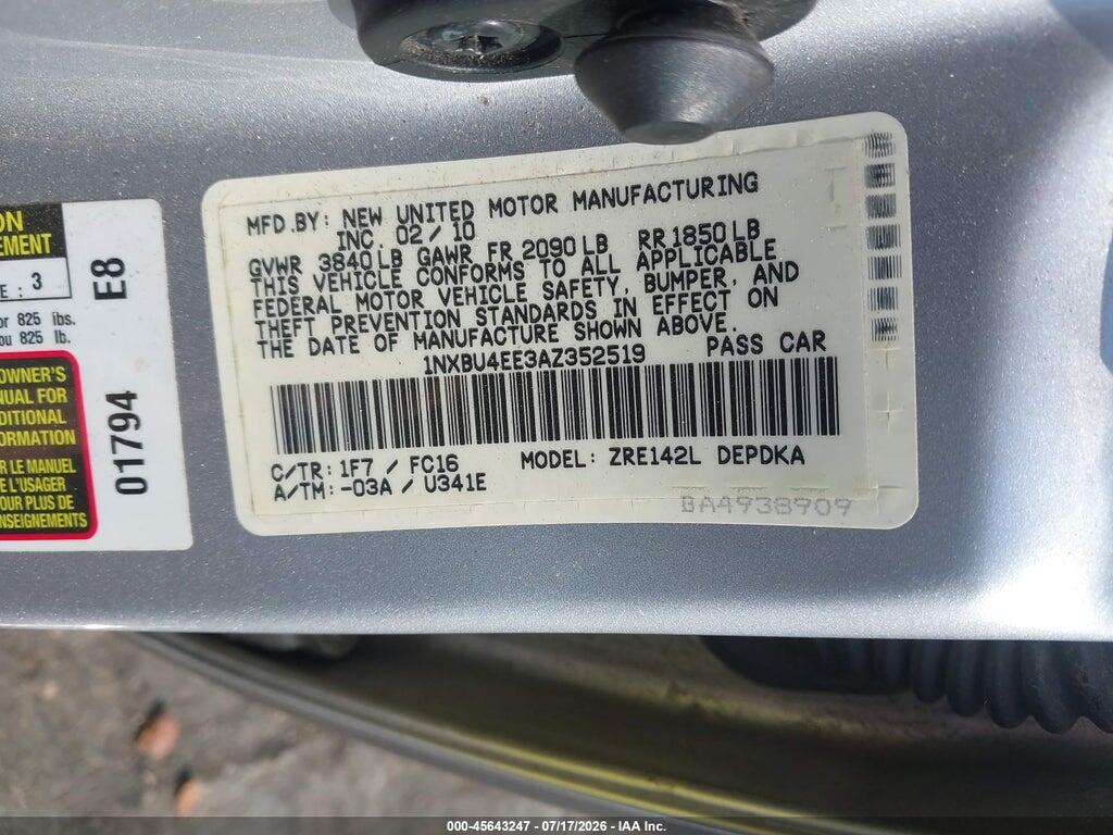 1NXBU4EE3AZ352519 2010 TOYOTA COROLLA photo no. 9