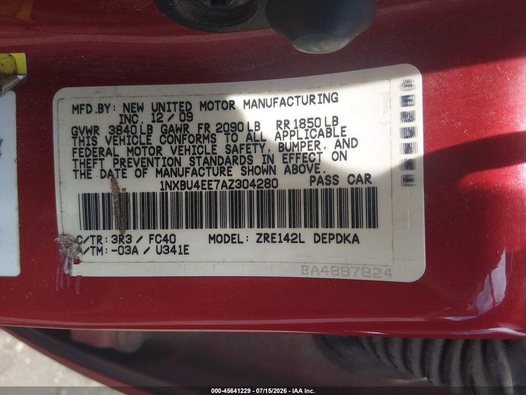1NXBU4EE7AZ304280 2010 TOYOTA COROLLA photo no. 9