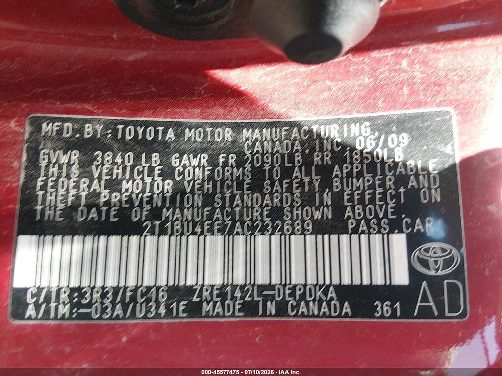 2T1BU4EE7AC232689 2010 TOYOTA COROLLA photo no. 9