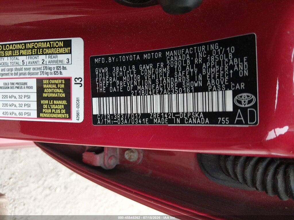 2T1BU4EE7AC350161 2010 TOYOTA COROLLA photo no. 9