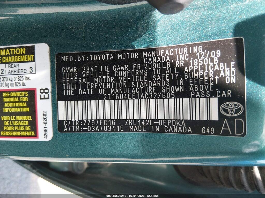 2T1BU4EE1AC327605 2010 TOYOTA COROLLA photo no. 9