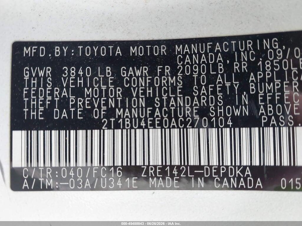 2T1BU4EE0AC270104 2010 TOYOTA COROLLA photo no. 9
