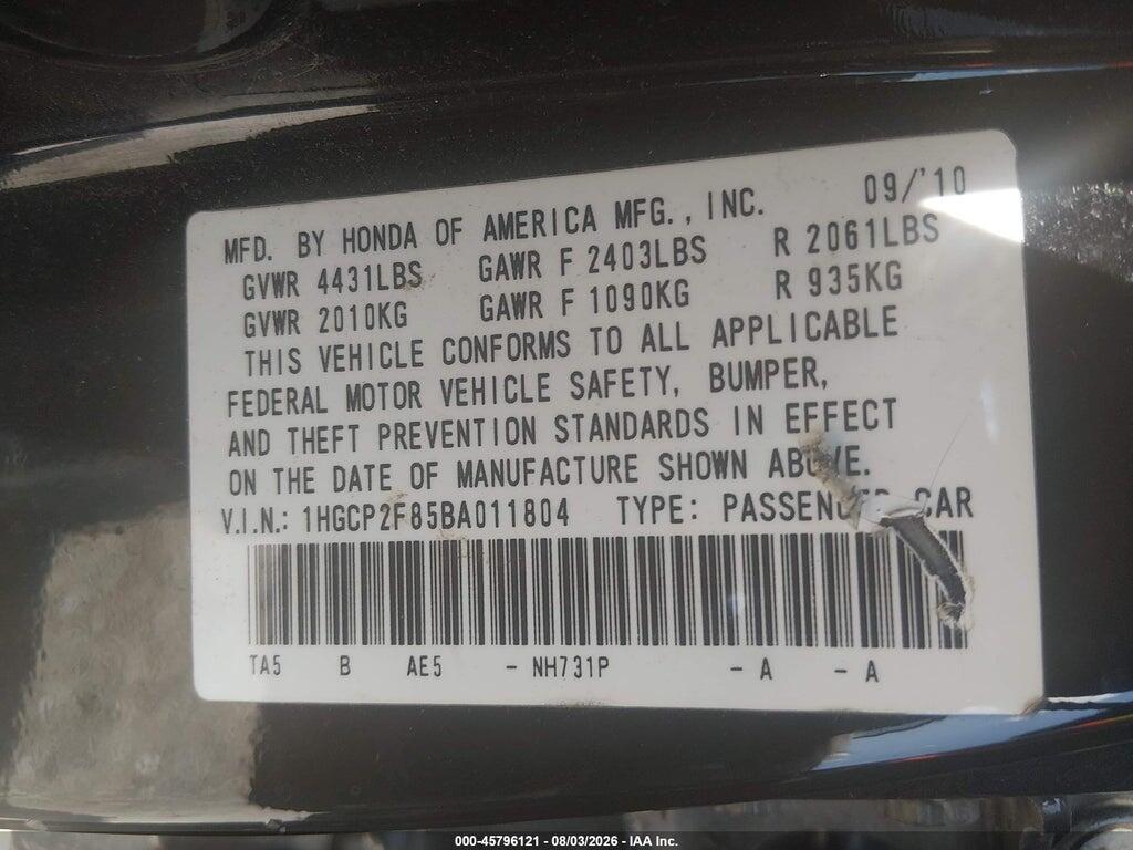 1HGCP2F85BA011804 2011 HONDA ACCORD photo no. 9