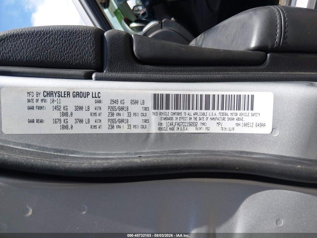 1C4RJFAG7CC156932 2012 JEEP GRAND CHEROKEE photo no. 9