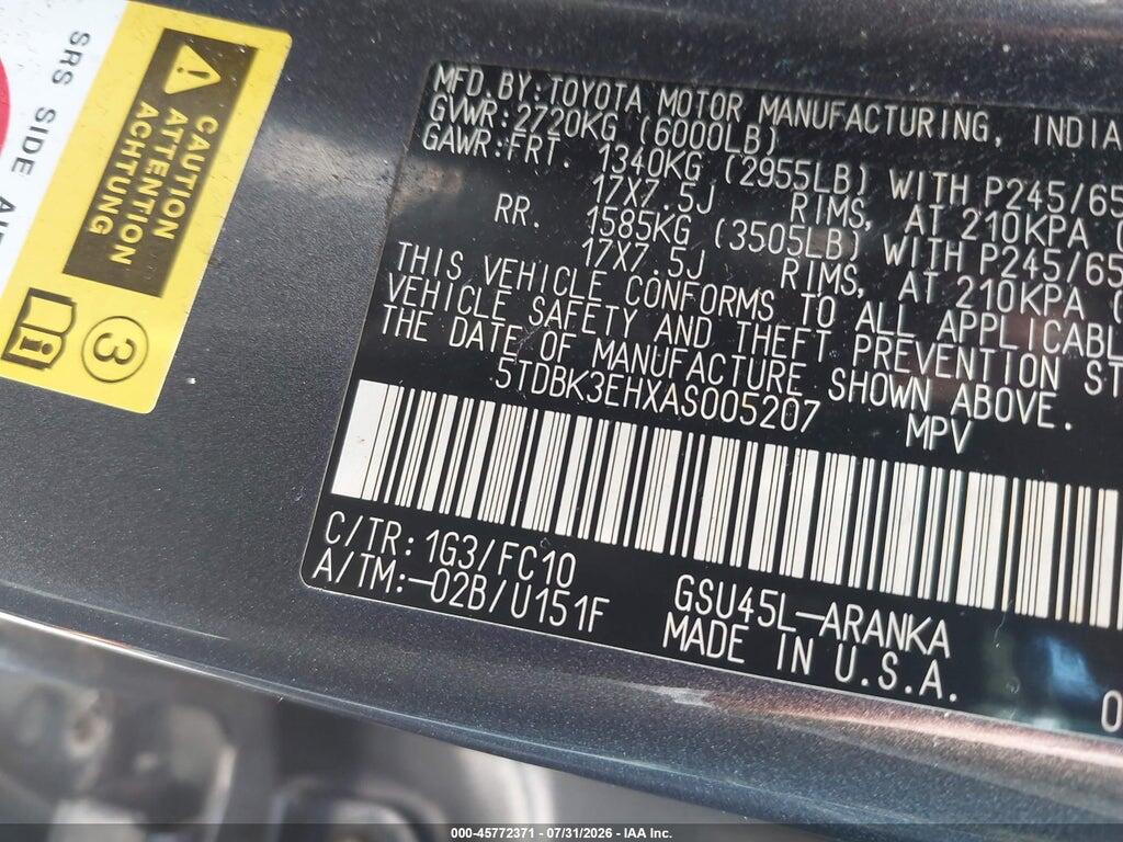 5TDBK3EHXAS005207 2010 TOYOTA HIGHLANDER photo no. 9