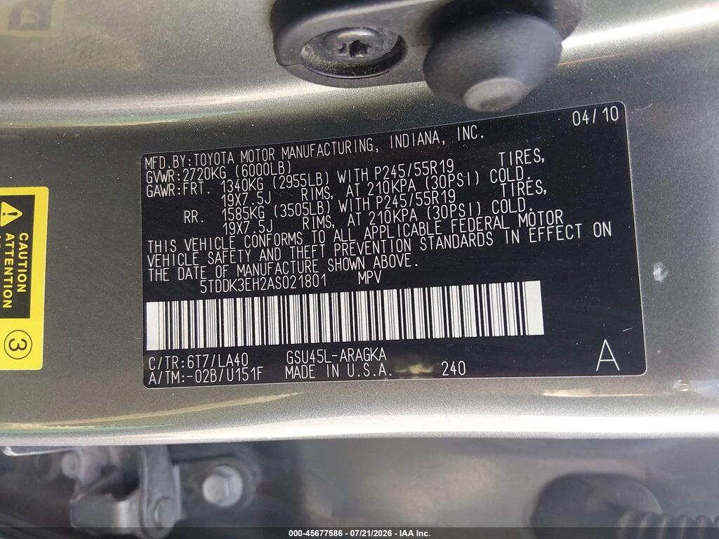 5TDDK3EH2AS021801 2010 TOYOTA HIGHLANDER photo no. 9