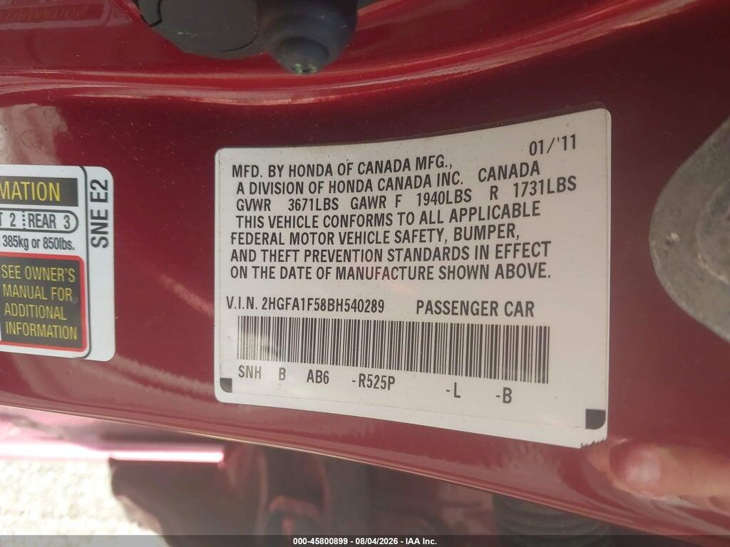2HGFA1F58BH540289 2011 HONDA CIVIC photo no. 9