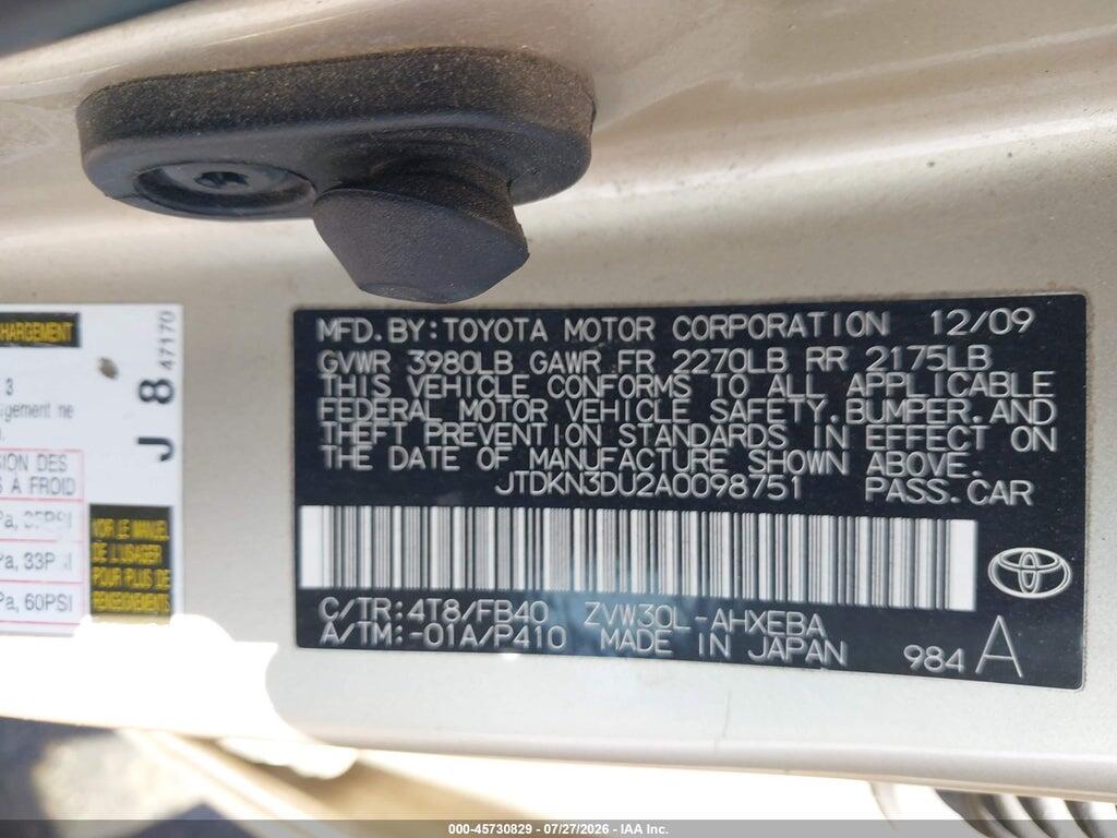JTDKN3DU2A0098751 2010 TOYOTA PRIUS photo no. 9