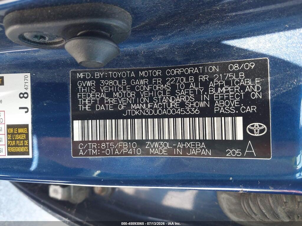 JTDKN3DU0A0045336 2010 TOYOTA PRIUS photo no. 9
