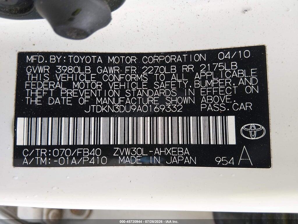 JTDKN3DU9A0169332 2010 TOYOTA PRIUS photo no. 9