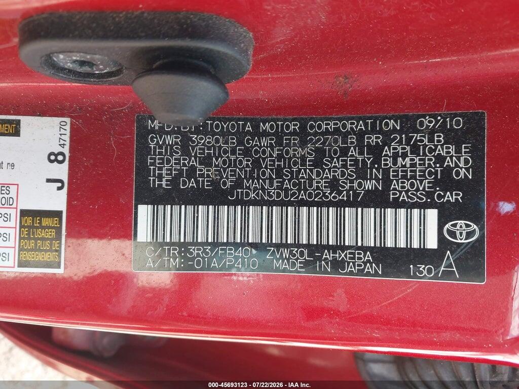 JTDKN3DU2A0236417 2010 TOYOTA PRIUS photo no. 9