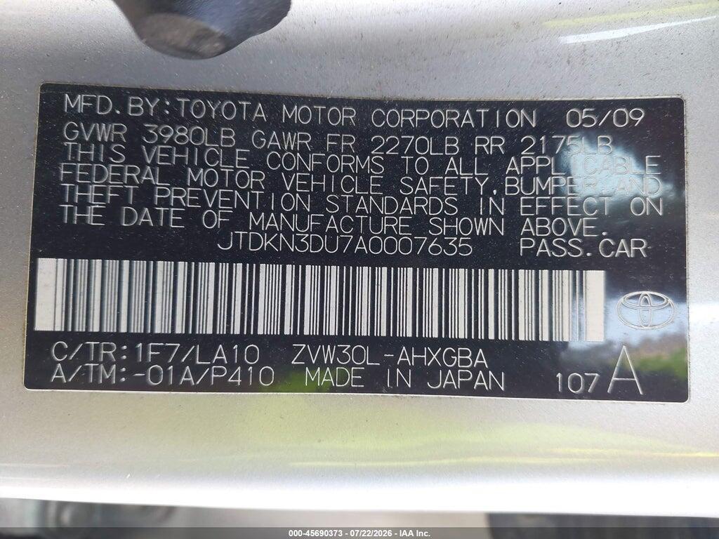 JTDKN3DU7A0007635 2010 TOYOTA PRIUS photo no. 9