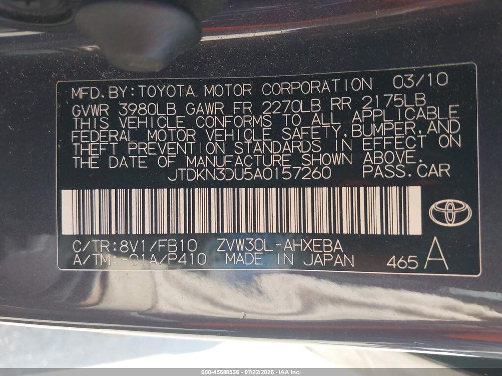 JTDKN3DU5A0157260 2010 TOYOTA PRIUS photo no. 9