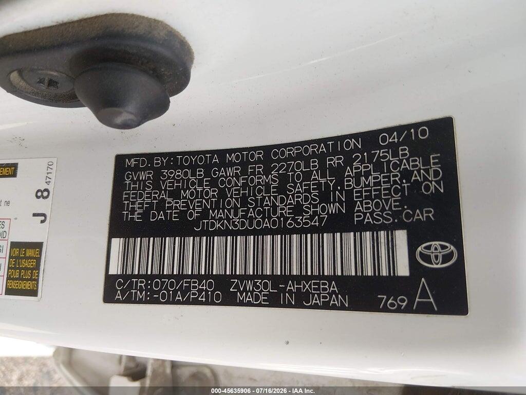JTDKN3DU0A0163547 2010 TOYOTA PRIUS photo no. 9