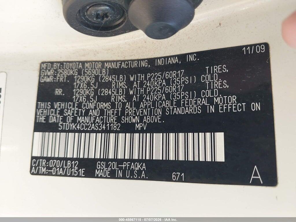 5TDYK4CC2AS341182 2010 TOYOTA SIENNA photo no. 9