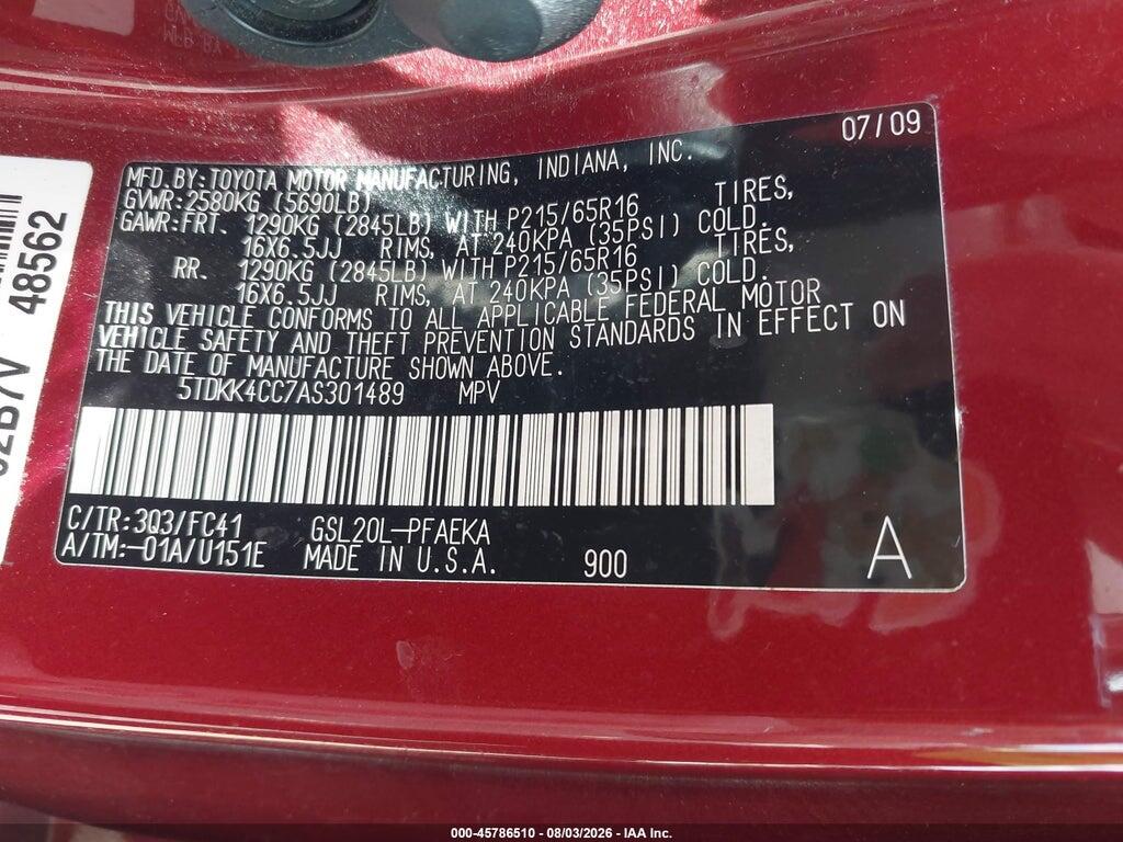 5TDKK4CC7AS301489 2010 TOYOTA SIENNA photo no. 9