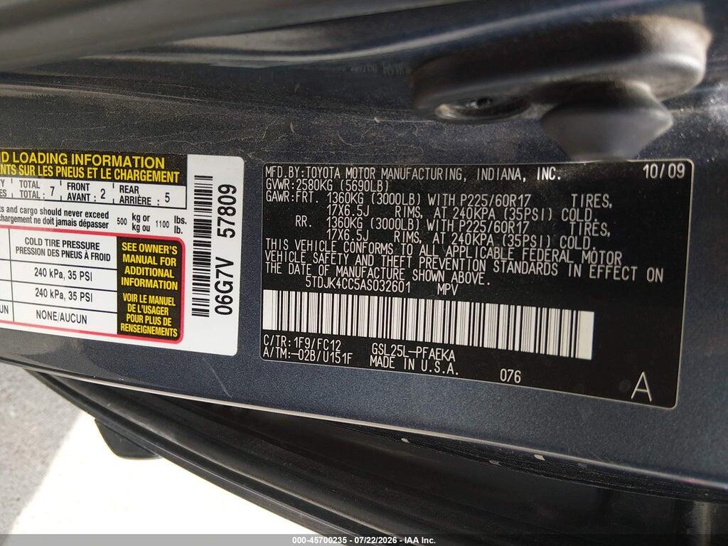 5TDJK4CC5AS032601 2010 TOYOTA SIENNA photo no. 9