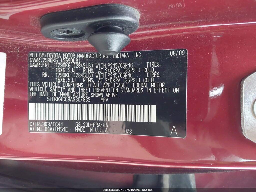 5TDKK4CC8AS307835 2010 TOYOTA SIENNA photo no. 9