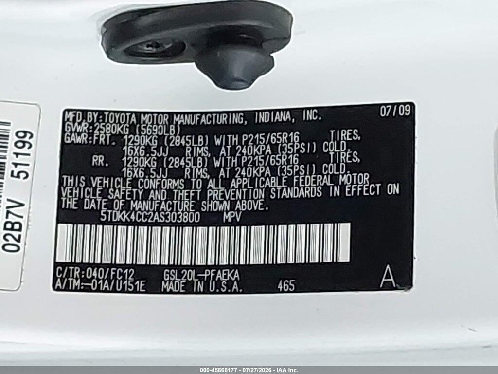 5TDKK4CC2AS303800 2010 TOYOTA SIENNA photo no. 9