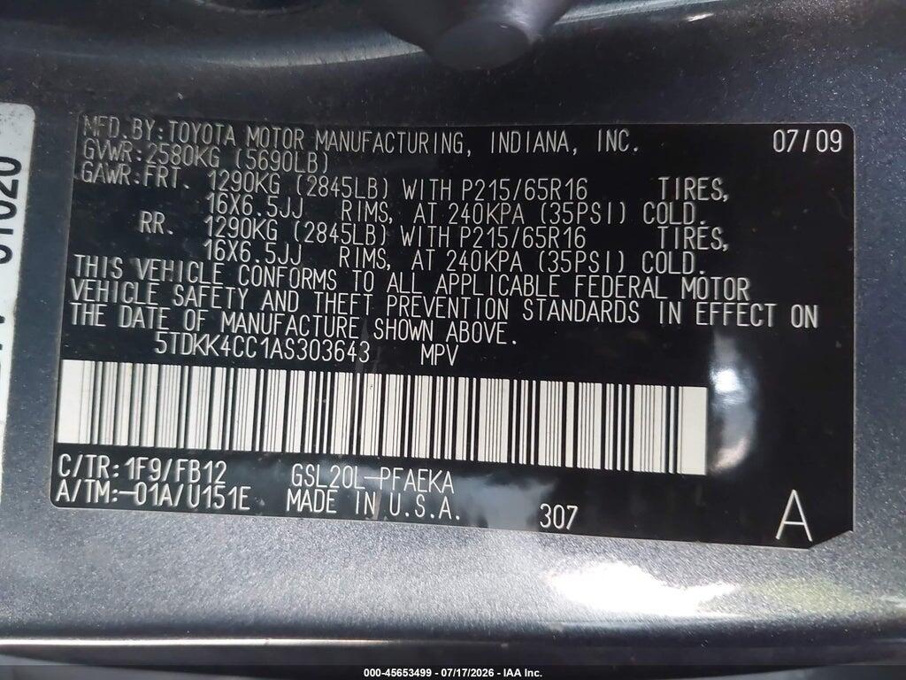 5TDKK4CC1AS303643 2010 TOYOTA SIENNA photo no. 9