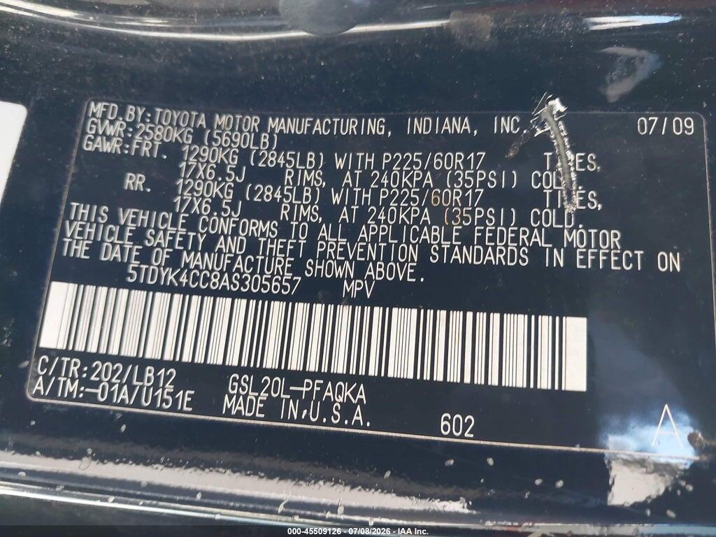 5TDYK4CC8AS305657 2010 TOYOTA SIENNA photo no. 9