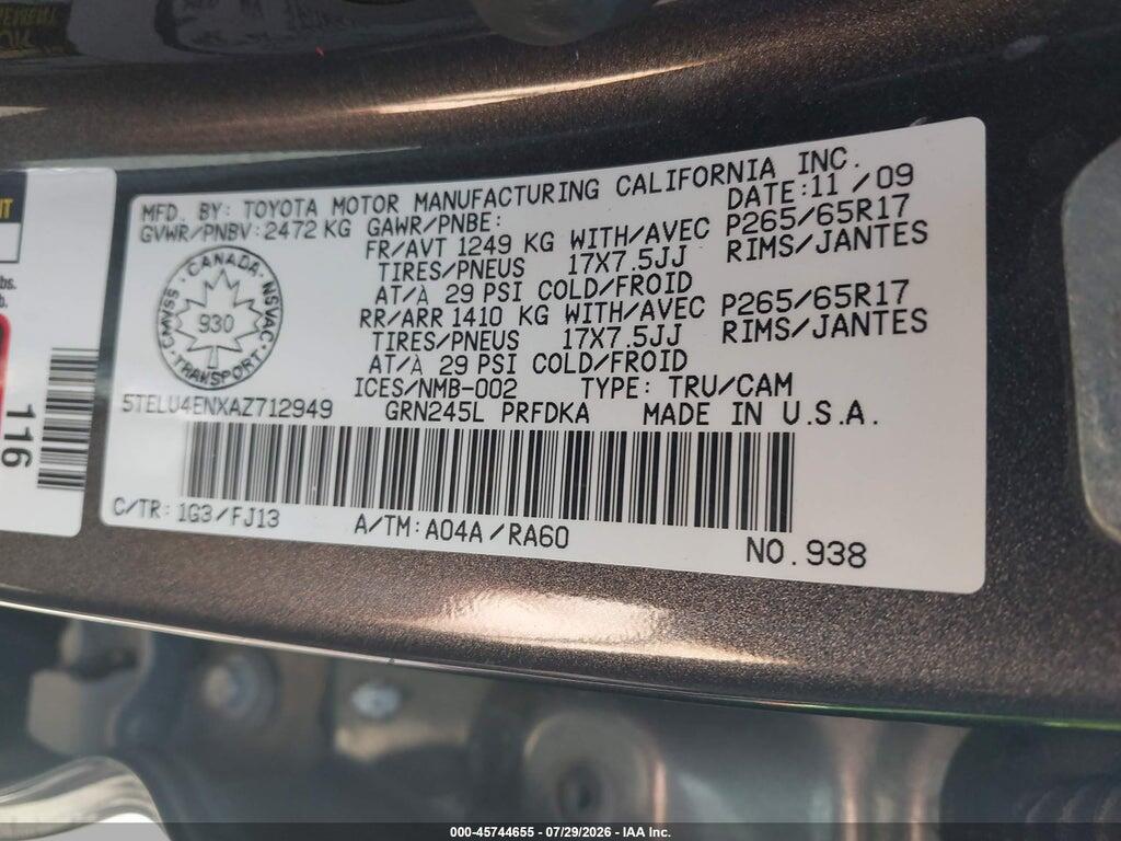 5TELU4ENXAZ712949 2010 TOYOTA TACOMA photo no. 9