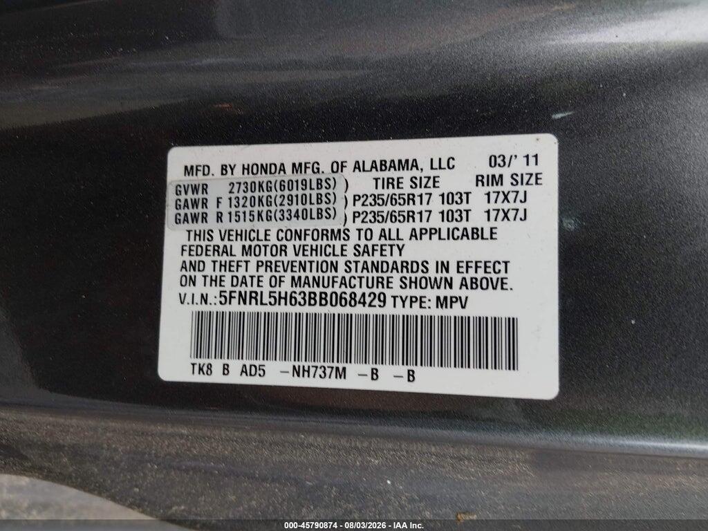5FNRL5H63BB068429 2011 HONDA ODYSSEY photo no. 9