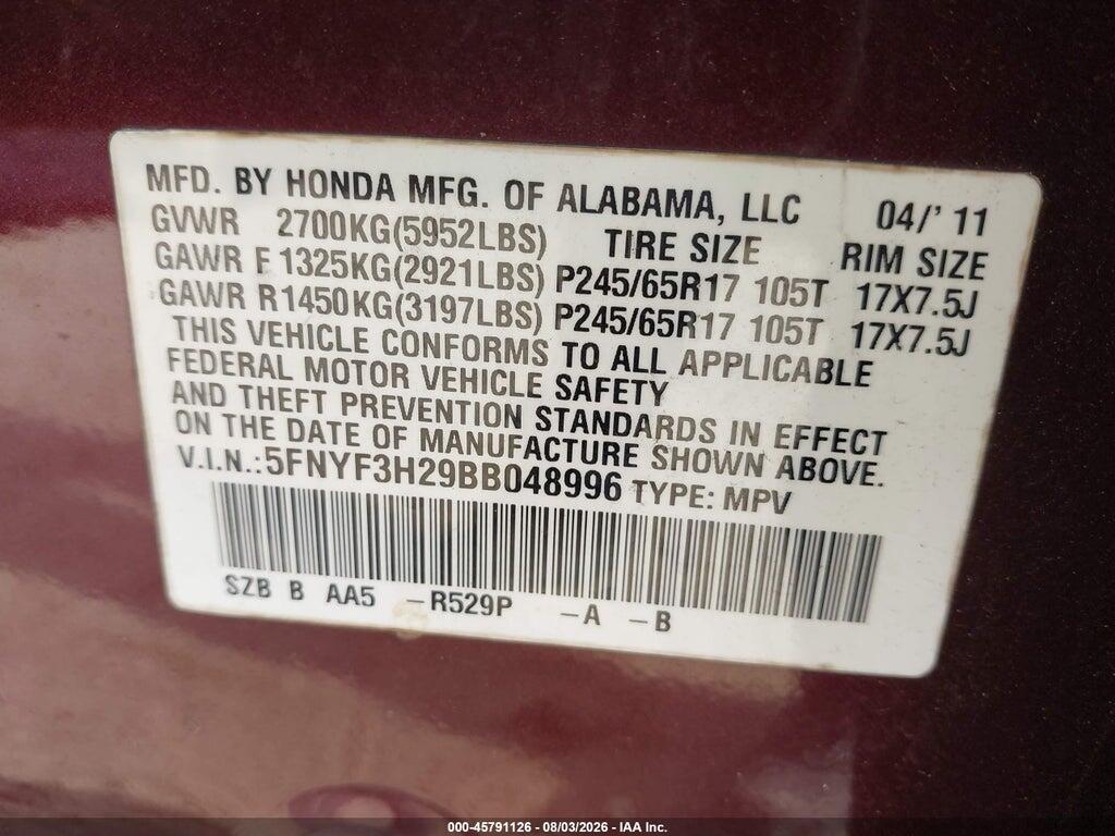 5FNYF3H29BB048996 2011 HONDA PILOT photo no. 9