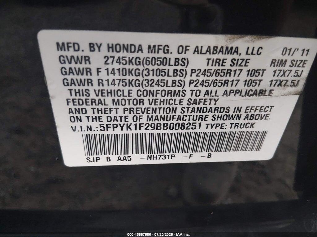 5FPYK1F29BB008251 2011 HONDA RIDGELINE photo no. 9