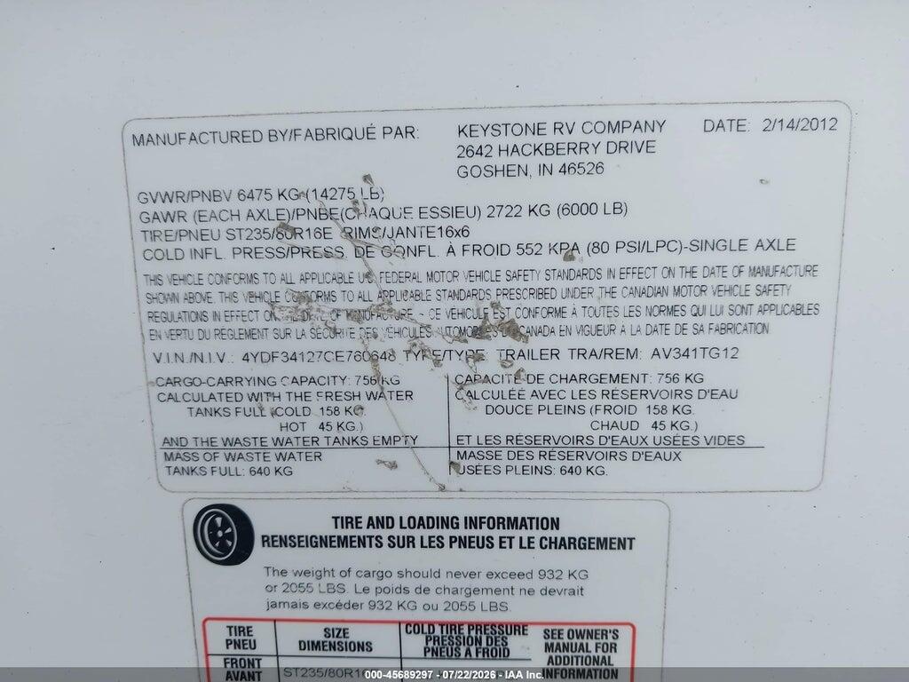 4YDF34127CE760648 2012 KEYSTONE AVALANCHE 5TH WHEEL photo no. 9