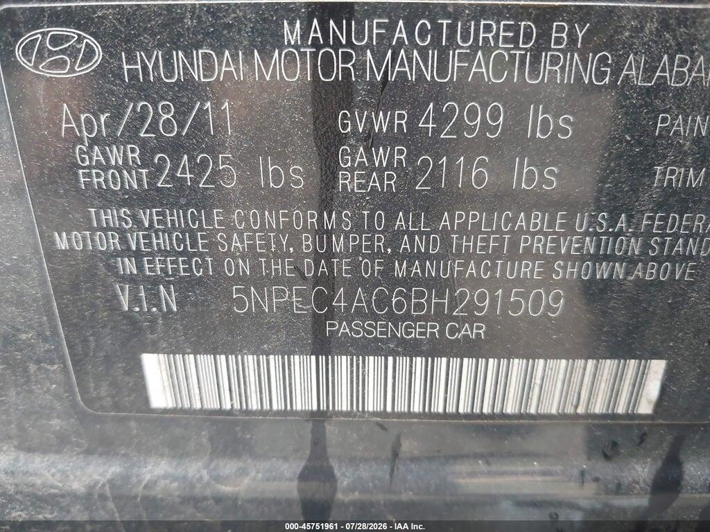 5NPEC4AC6BH291509 2011 HYUNDAI SONATA photo no. 9