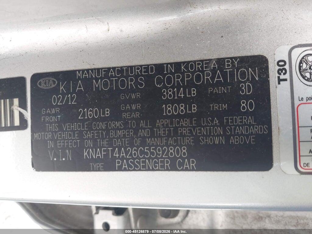 KNAFT4A26C5592808 2012 KIA FORTE photo no. 9