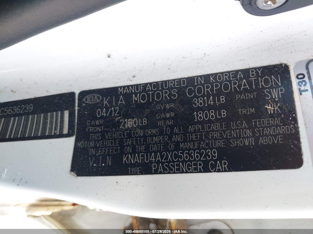 KNAFU4A2XC5636239 2012 KIA FORTE photo no. 9
