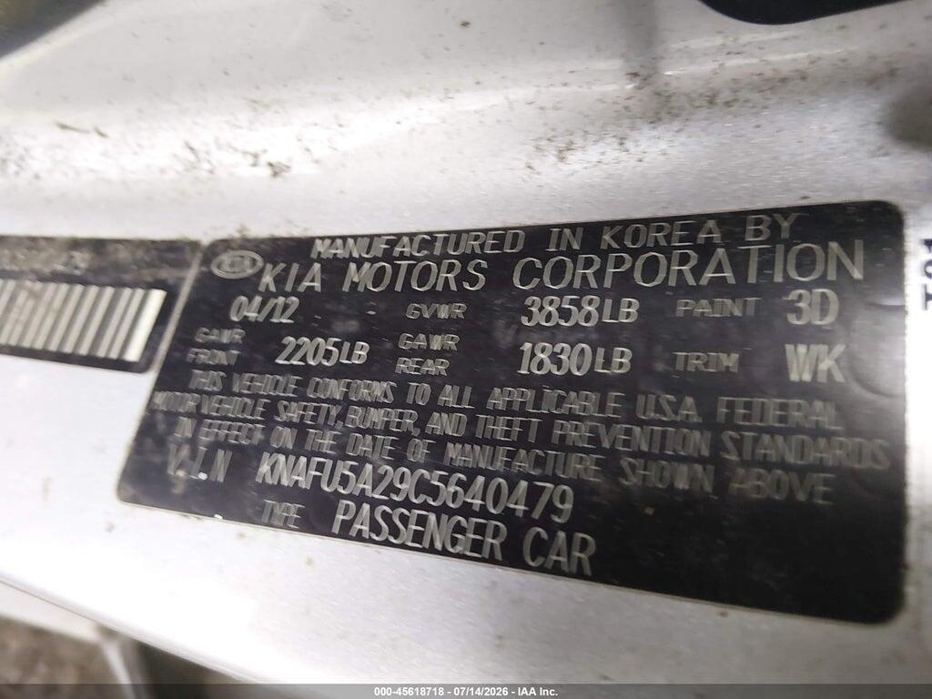 KNAFU5A29C5640479 2012 KIA FORTE photo no. 9